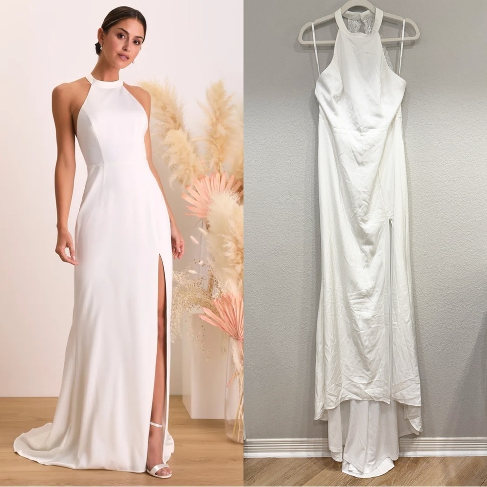 NWOT Lulus Radiant Adoration White‎ Satin Lace Backless Halter Maxi Dress